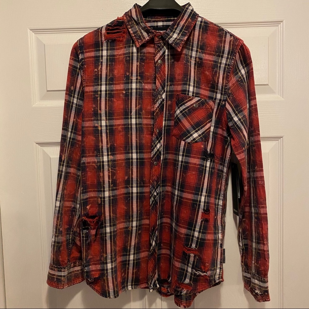 Hudson Weston Distressed Plaid‎ Long Sleeve Shirt Men Size Medium
